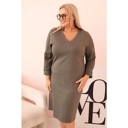 Kesi Włoski Plus Size women&amp;#039;s dress in butter color with a V-neck and khaki sleeve Slike