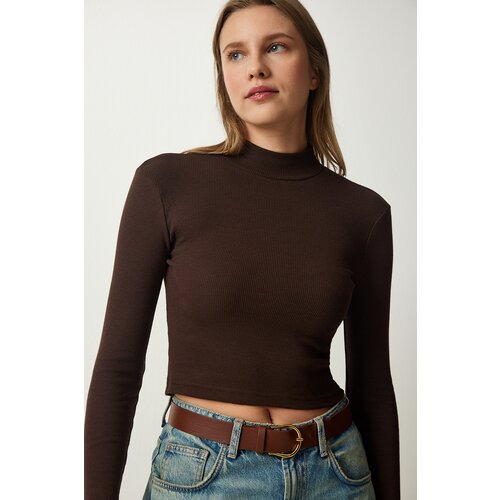 Happiness İstanbul Women's Dark Brown Ribbed Turtleneck Crop Knitted Blouse Slike