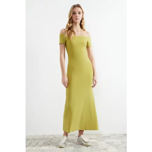 Trendyol Green Carmen Collar Fitted/Fitting Stretchy Knitted Maxi Dress