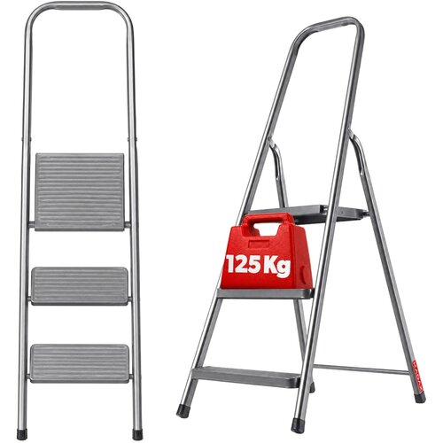 KADAX Jeklena lestev s 3 stopnicami, zložljiva lestev za dom, trdna 125 kg, (5000356995) Cene