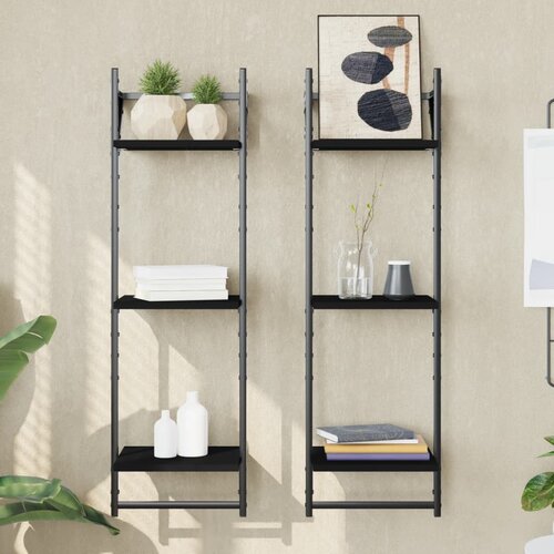  The Living Store Stenske police s prečkami 3-nadstropne 2 kosa črne 30x25x100 cm - Stenska Polica, (21444234) Slike