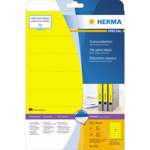 Herma etikete 192x38, za uski registrator A4/7 1/20 žuta ( 02H5091 ) Cene