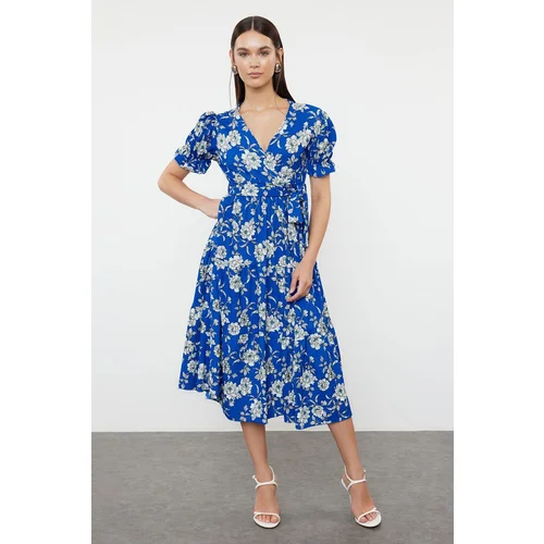  Blue Printed Belted Double Breasted Ruffle Skirt Knit Dress