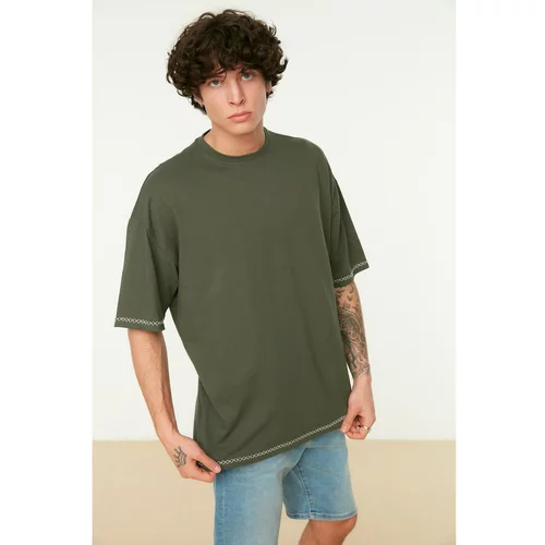 Trendyol Khaki Men's Oversize Fit 100% Cotton Crew Neck Short Sleeve Embroidered T-Shirt