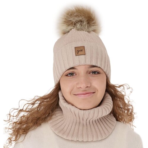 AGBO Girl's winter set: hat and tube scarf beige Juliette with pompom Cene