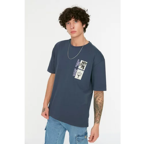 Trendyol Navy Blue Men's Relaxed Fit Crew Neck Short Sleeve Printed T-Shirt