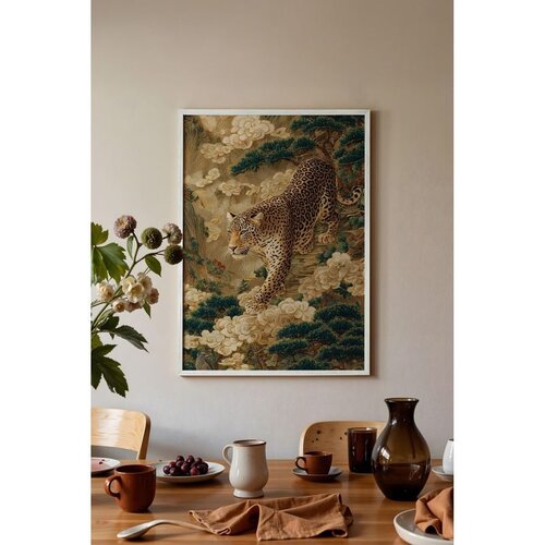 Wallxpert uramljena slika 115251, leopard među borovima i belim cvetovima, 50 x 70 cm, beli ram Slike