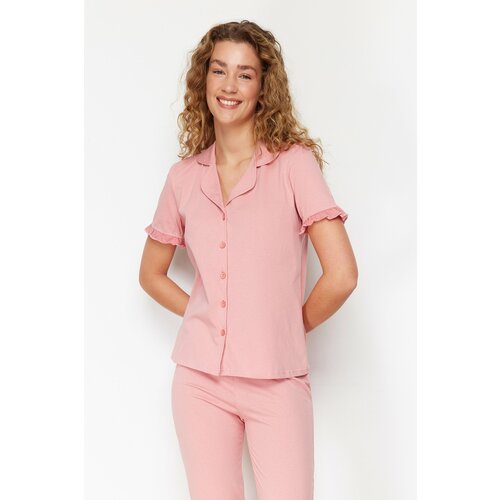 Trendyol Pale Pink 100% Cotton Ruffle Detail Knitted Pajamas Set Slike