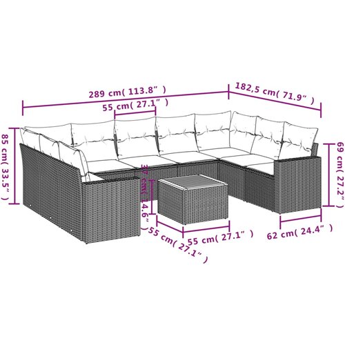  10-dijelni set vrtnih sofa s jastucima crni od poliratana Slike