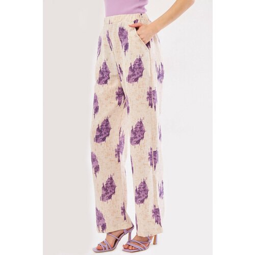 armonika Women's Purple Ena Trousers Elastic Waist Pocket Detailed Linen Look Wide Leg Cene