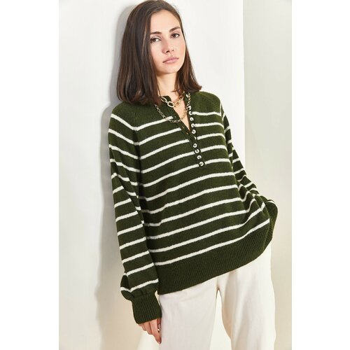 Bianco Lucci Women's Button-down Collar Turtleneck Striped Knitwear Sweater Slike