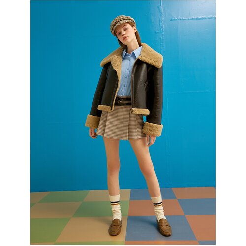 Koton Pleated Mini Skirt Checked Double Belt Detailed Slike