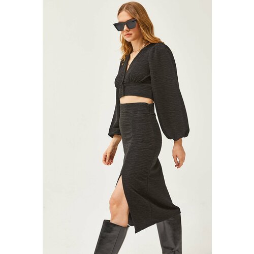 Olalook Women's Black Slit Skirt Knitted Suit Slike