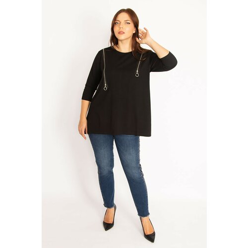 Şans Women's Plus Size Black Ornamental Zippered Sweatshirt Slike