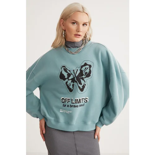 Grimelange Racquet Women's Polar Fleece Soft Crew Neck Piping and Piece Printed Relaxed Green Sweatshirt