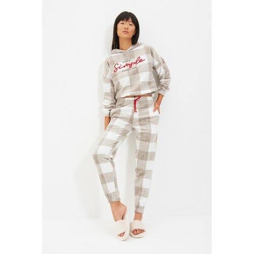 Trendyol Beige Checkered Knitted Pajamas Set Slike