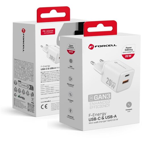 forcell f-energy mini gan III VT-35A kućni punjač 1 x type c + 1 x usb a. pd QC4.0 20W bela Cene