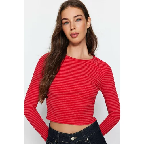 Trendyol Red Stripe Slim Crop Crew Neck Ribbed Stretch Knitted Blouse