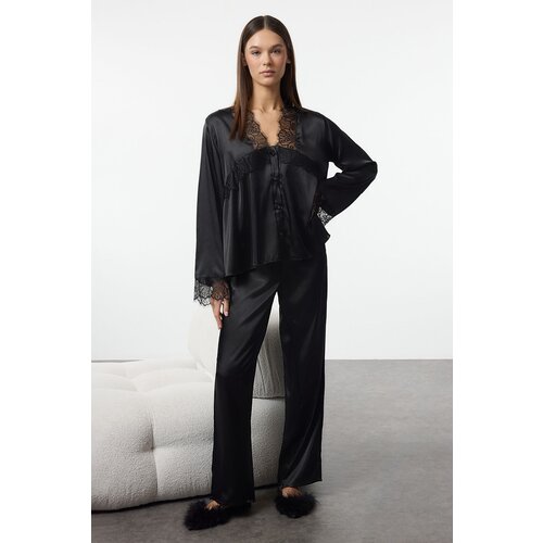 Trendyol Black Plain Satin Woven Pajama Set Slike