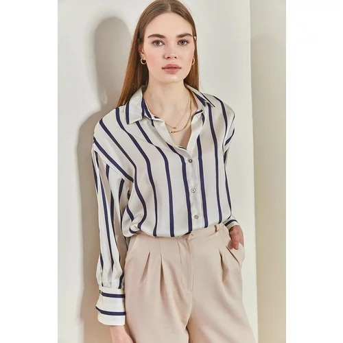 Bianco Lucci Women's Striped Satin Shirt with Cuff Sleeves