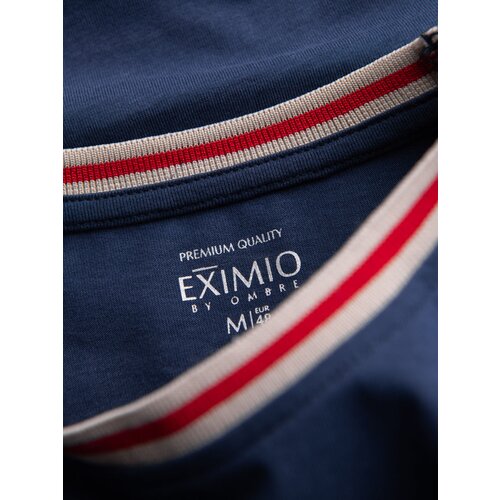 Ombre Men&amp;#039;s cotton longsleeve with striped U neckline and embroidery - dark blue Slike