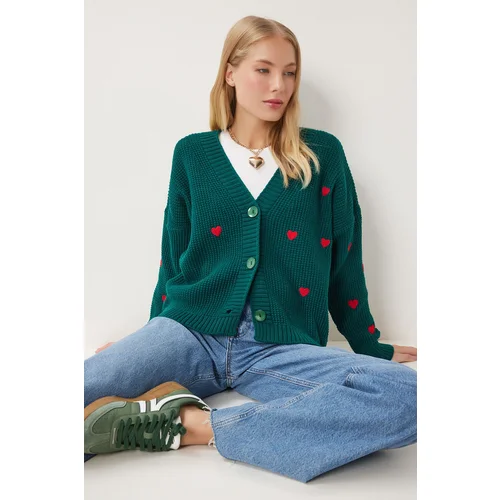 Happiness İstanbul Women's Emerald Green V Neck Heart Textured Knitwear Cardigan