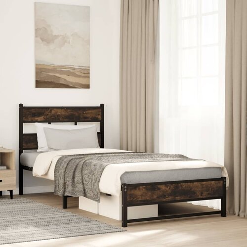 VidaXL Kovinski posteljni okvir brez vzmetnice dimljen hrast 90x200 cm Slike