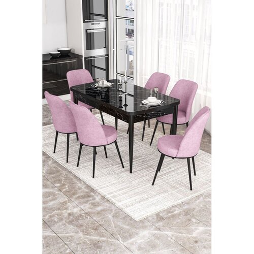 Hanah home trpezarijski set Via, sto na razvlačenje i 6 stolica, ploča u dekoru crnog mermera, roze tkanina Jerry Cene