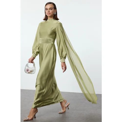 Trendyol Green Belt Detailed Satin Woven Evening Dress