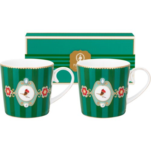 Pip Studio Love Birds Medallion Stripes Emerald-Green skodelica z ročajem, komplet 2 kosov, majhna - 1 set Slike