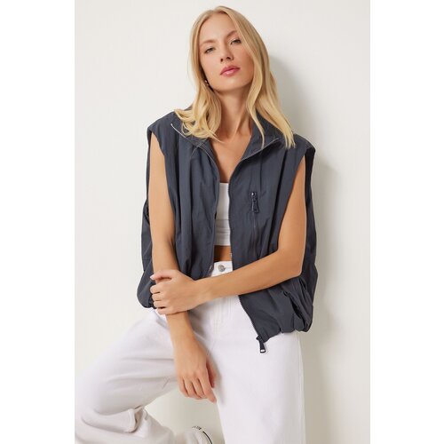 Happiness İstanbul Women's Smoke Stand Collar Elastic Waist Parachute Vest Slike