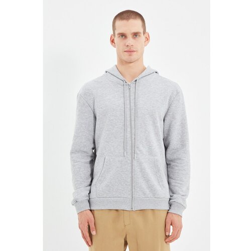 Trendyol gray basic hooded regular fit zippered sweatshirt Cene