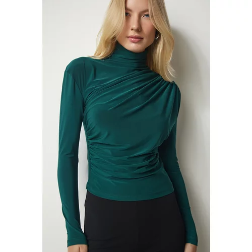 Happiness İstanbul Women's Dark Green Ruffle Detailed Standing Collar Sandy Blouse