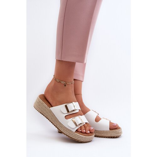 FB1 Women&amp;#039;s White Leather Sandals with Woven Eco Leather Zaloemi Slike