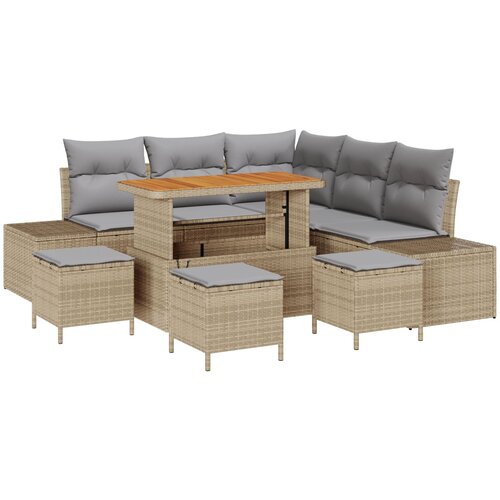 vidaXL 9-dijelni set vrtnih sofa s jastučićima bež poli ratan akacija, 2-sjedna vrtna sofa s jastučićima bež poli ratan, 4-dijelni set vrtne blagovaonice s jastučićima bež poli ratan akacija Cijene