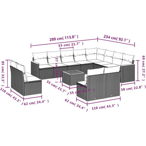 VidaXL 13-dijelni set vrtnih sofa s jastucima poliratan crni Slike