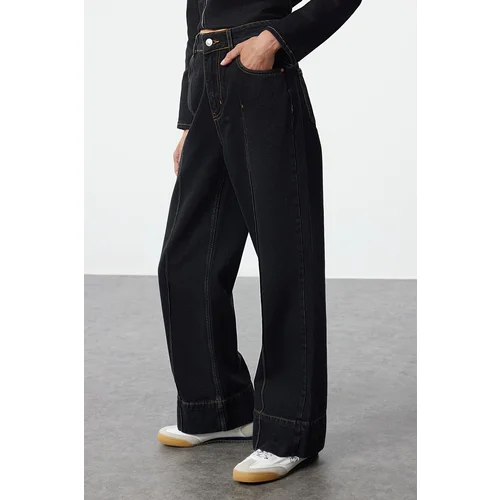 Trendyol Black Ribbed High Waist Wide Leg Jeans