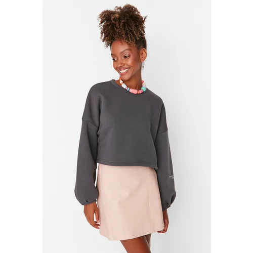 Trendyol Smoked Oversize Crop Sleeve Printed Raised Knitted Sweatshirt