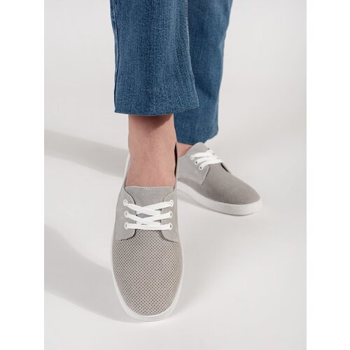 GOODIN Grey openwork sneakers made of natural leather Cene