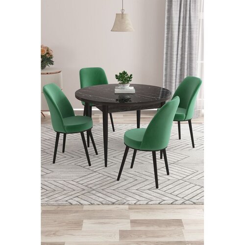 Hanah home trpezarijski set Kea, sto i 4 stolice, ploča u dekoru crnog mermera, smaragdno zelena tkanina Babyface Cene