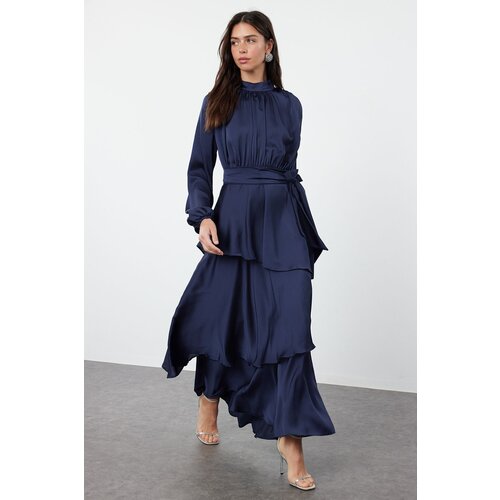 Trendyol Navy Blue Skirt Layered Satin Woven Evening Dress/Night Dress Slike