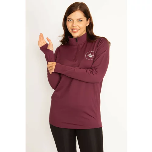 Şans Women's Plus Size Burgundy Front Pat Zipper Underarm Tulle Detailed Sports Sweatshirt