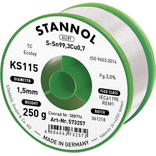 Stannol KS115 spajkalna žica\, neosvinčena tuljava Sn99\,3Cu0\,7 250 g 1.5 mm Neosvinčena žica za spajkanje KS115 SN99Cu1 250 g 1.5 mm, (20428536) Slike