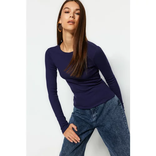 Trendyol Navy Blue Ribbed Crew Neck Fitted/Sticky Cotton Knitted Blouse