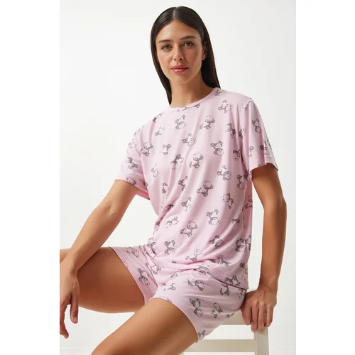 Happiness İstanbul Women's Light Pink Patterned Viscose Shorts T-Shirt Pajama Set