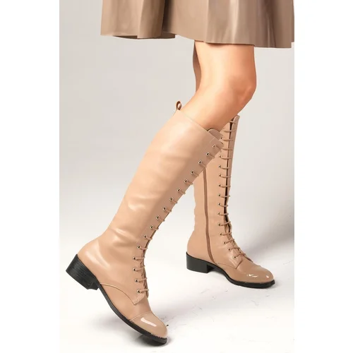 Mio Gusto Shannon Mink Colored Lace-Up And Zipper Thin Fur Lined Women's Short Heeled Boots.