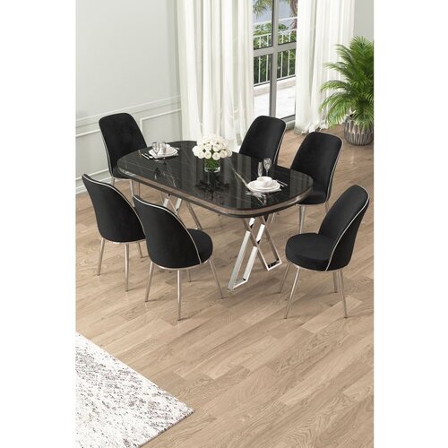 Hanah home Lai - Black Marble, Chrome, Black Black MarbleChromeBlack Dining Table & Chairs Set (7 Pieces) Cene