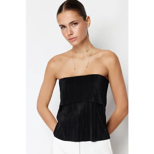 Trendyol Black Pleat Regular/Normal Fit Strapless Collar Stretch Knitted Blouse