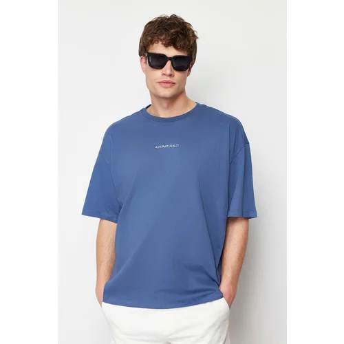 Trendyol Men's Indigo Oversize 100% Cotton Text Embroidered T-Shirt