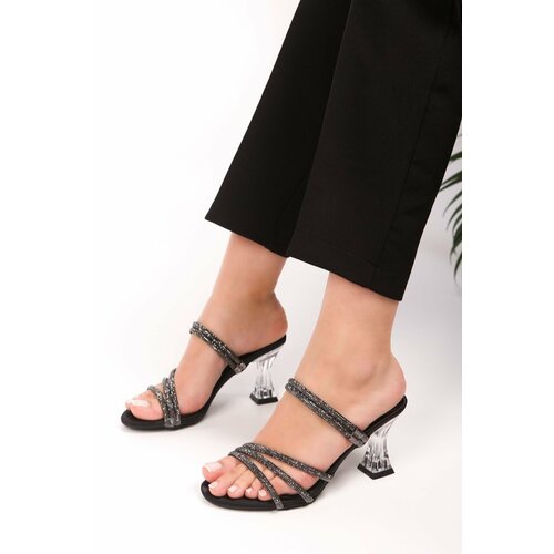 Shoeberry Women's Yeda Black Satin Stone Heeled Slippers & Shoes Cene